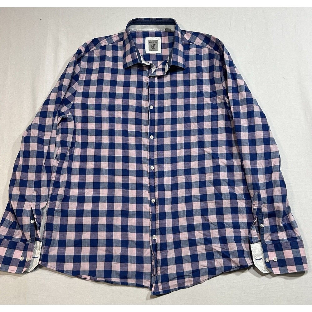 Bachrach Mens XL Plaid Button Up Shirt Navy Blue Pink 100% Cotton Long Sleeve